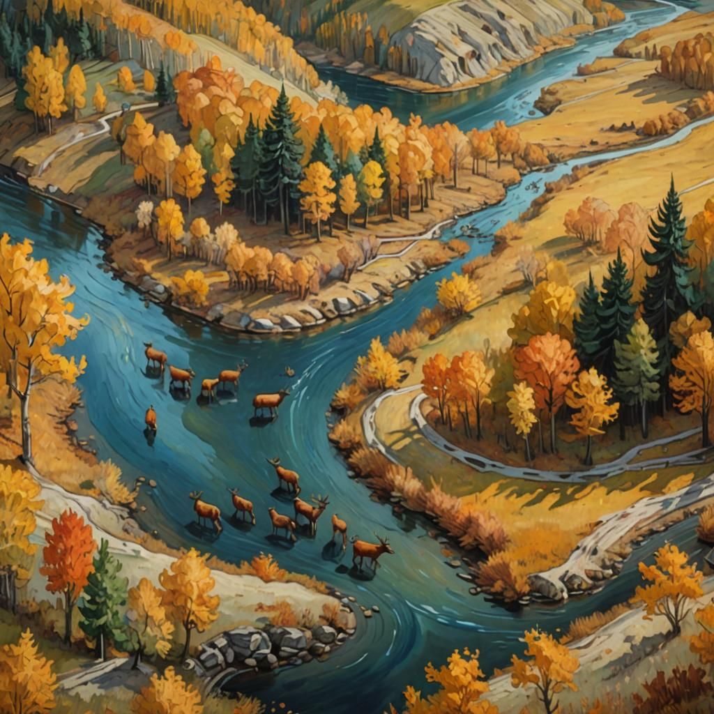Elk Herd in Autumn Valley: Oil Painting in Van Gogh Style