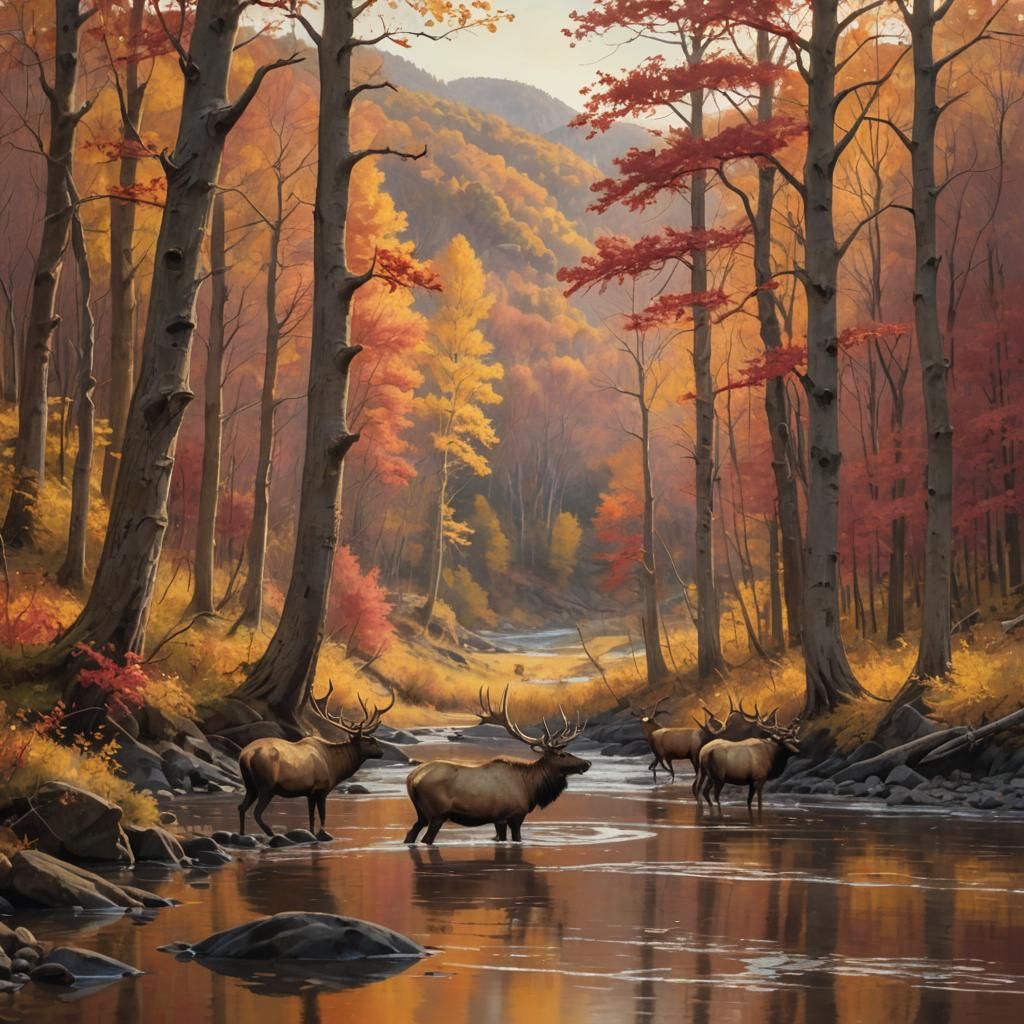Elk Herd in Autumn Valley: Hudson River School Style