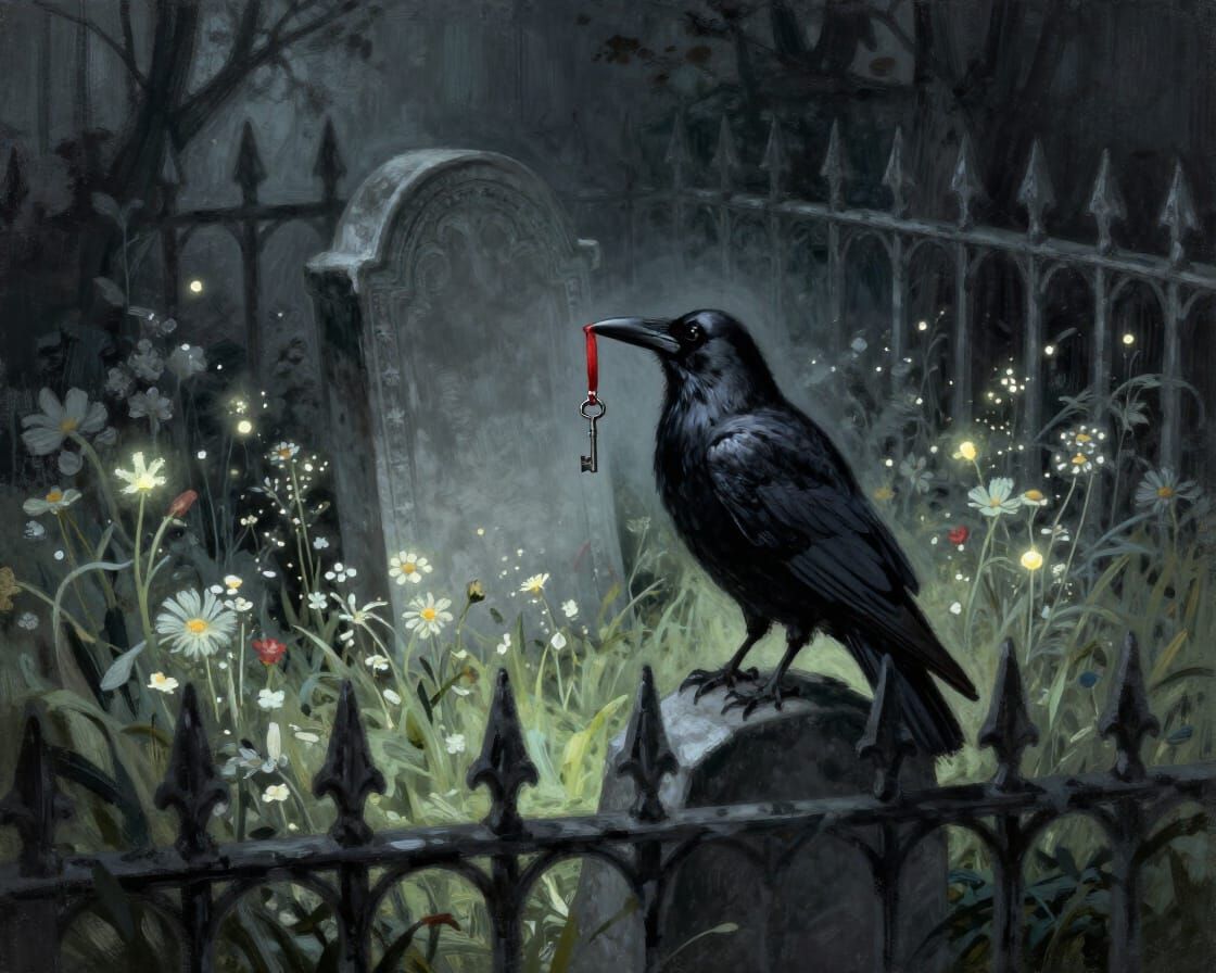 Crow with Key on Tombstone in Spectral Garden