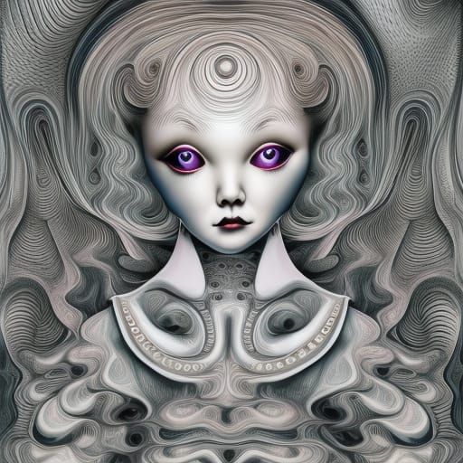 Surreal Porcelain Doll with Abstract Fractal Design