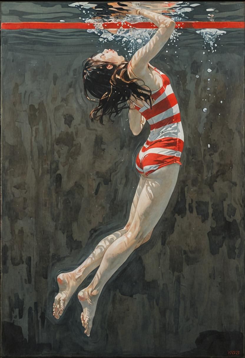 Girl Underwater Reaching for Light: Digital Oil Painting