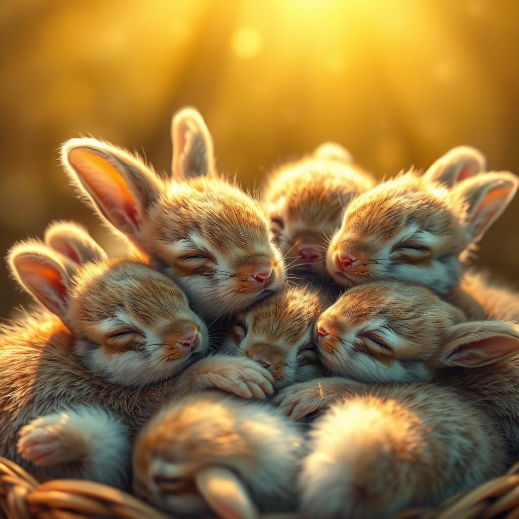 Snuggled Baby Bunnies in Golden Light