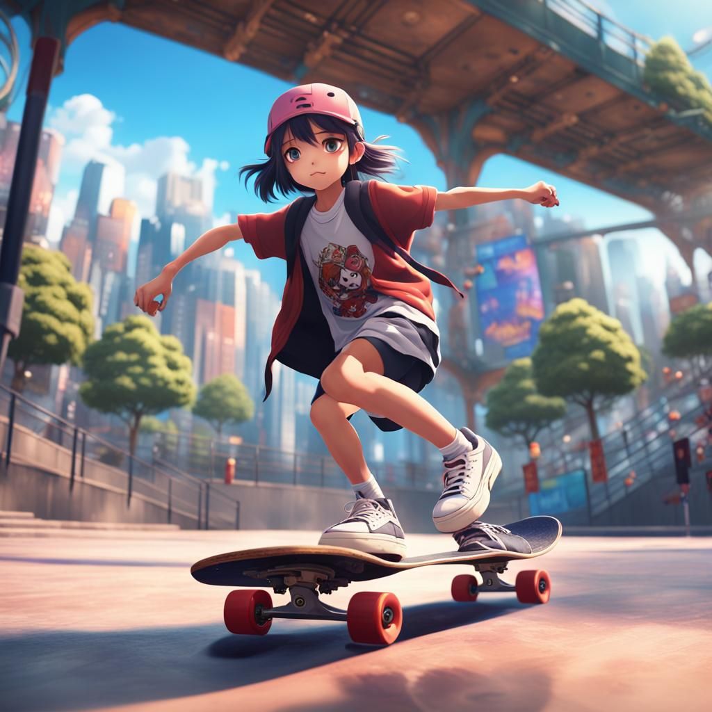 Anime Girl Skateboarding in Skate Park