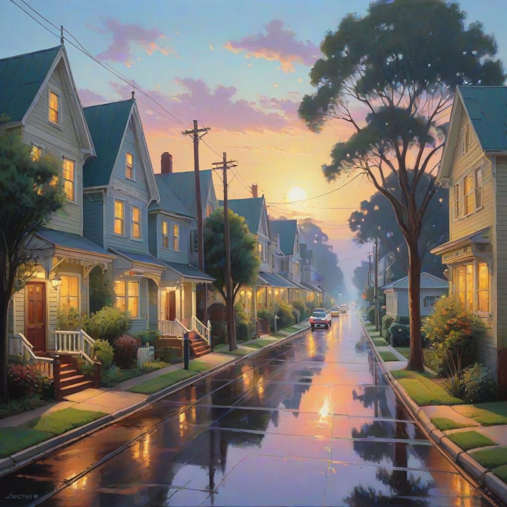 Sunlit Suburban Streets in Impressionist Oil Painting