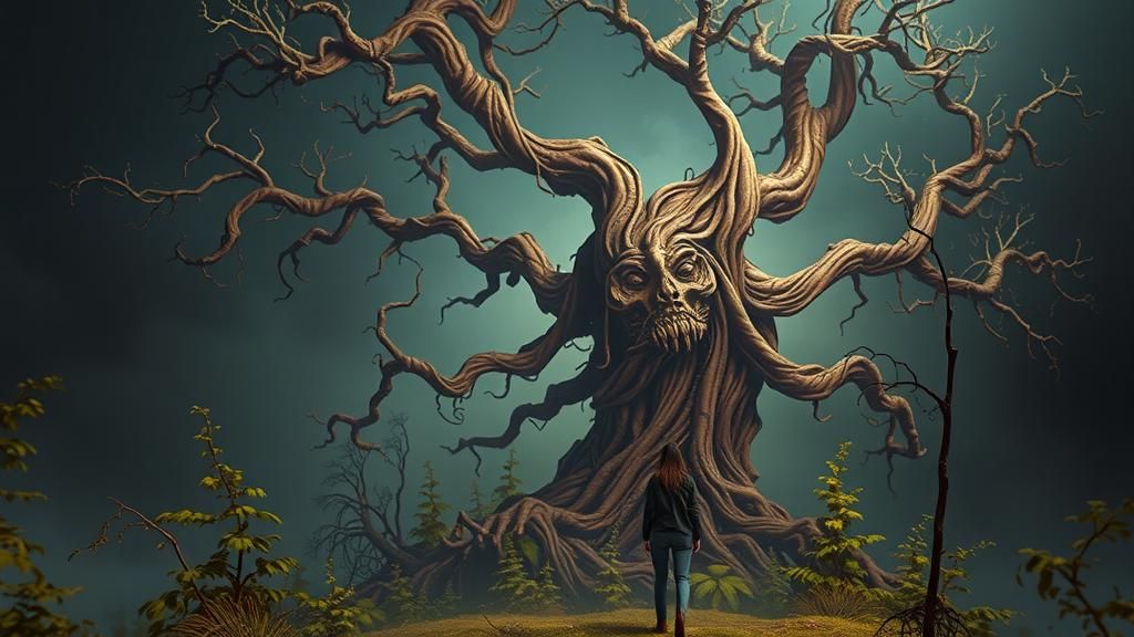 Eerie Forest Edge with Ancient Devil Tree