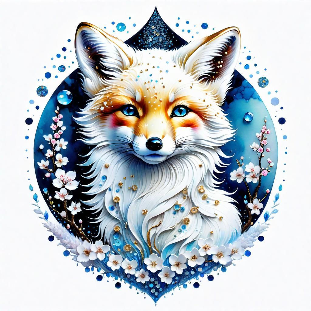 Glitter Fox in Water, Klimt-Inspired Japanese Art