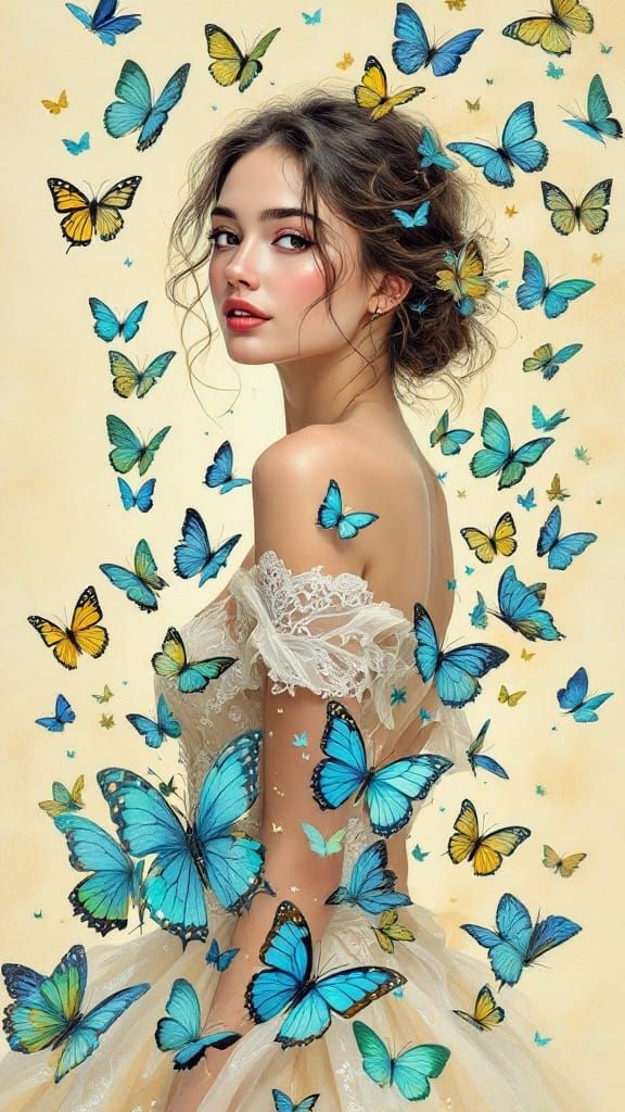 Beautiful Woman Surrounded by Butterflies in Acrylic