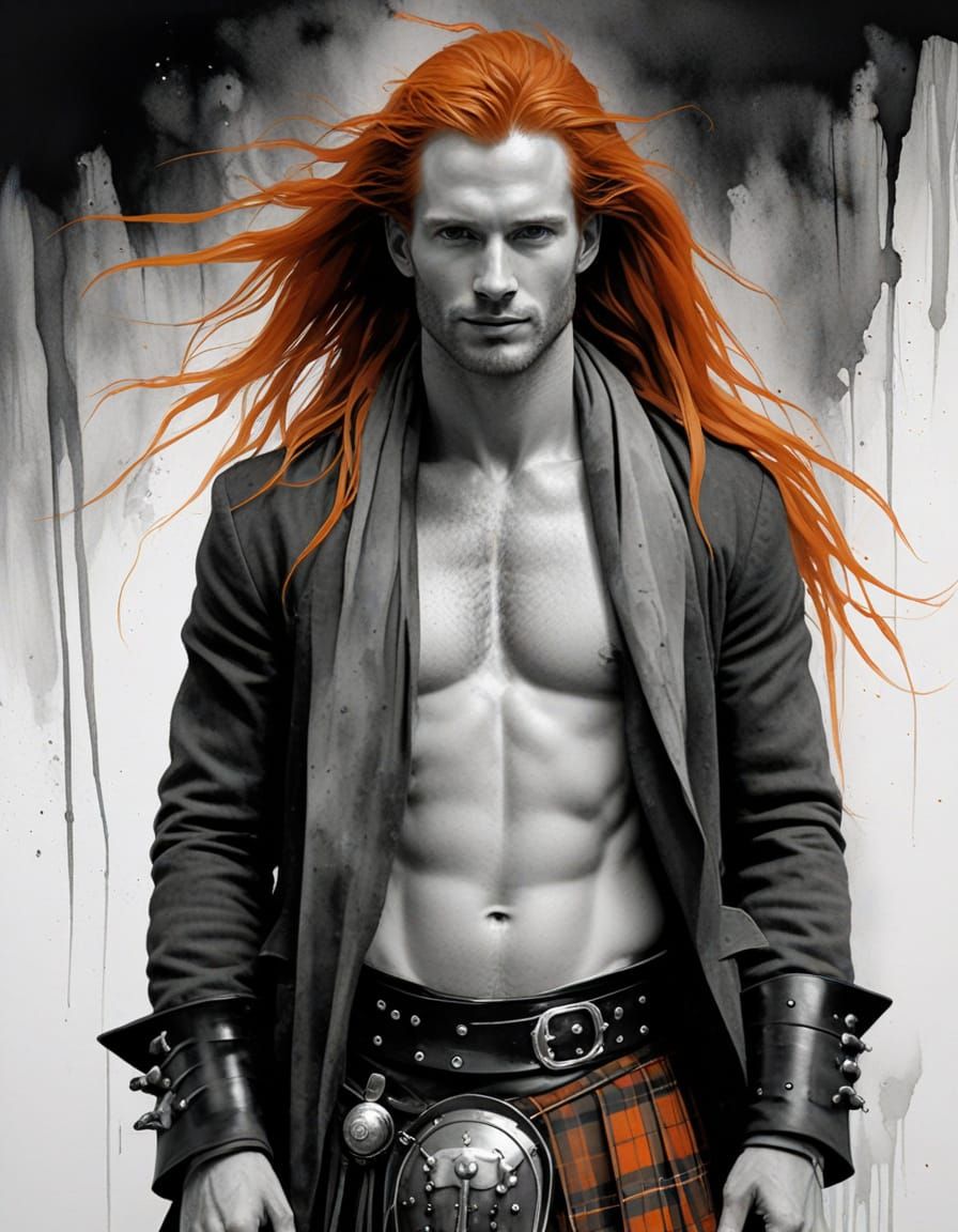 Monochrome Ginger Highlander in Scottish Kilt