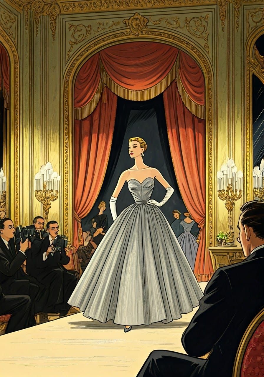 Pencil sketch and wash, a 1950s Paris fashion show catwalk