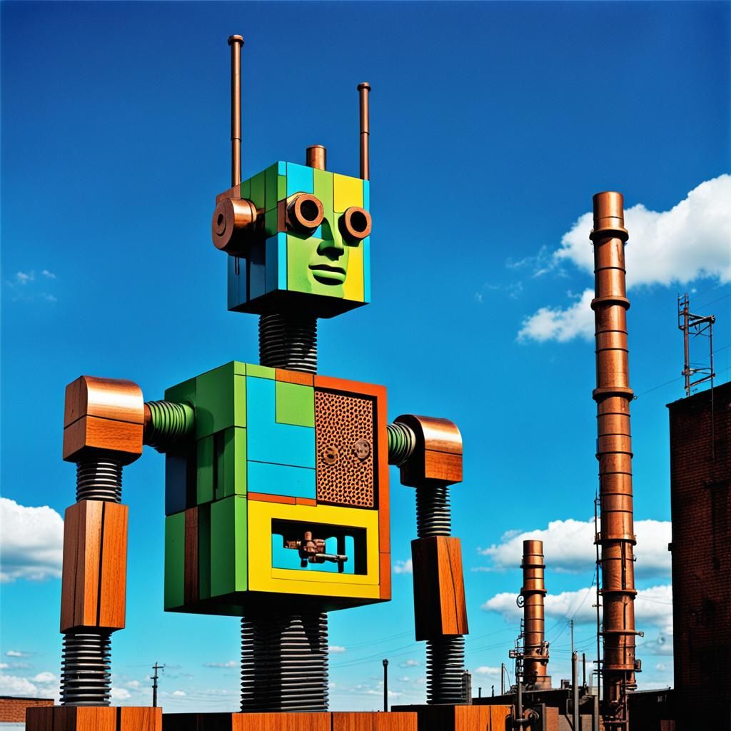 Wooden Block Cyborg in Screen Print Pop Art Style