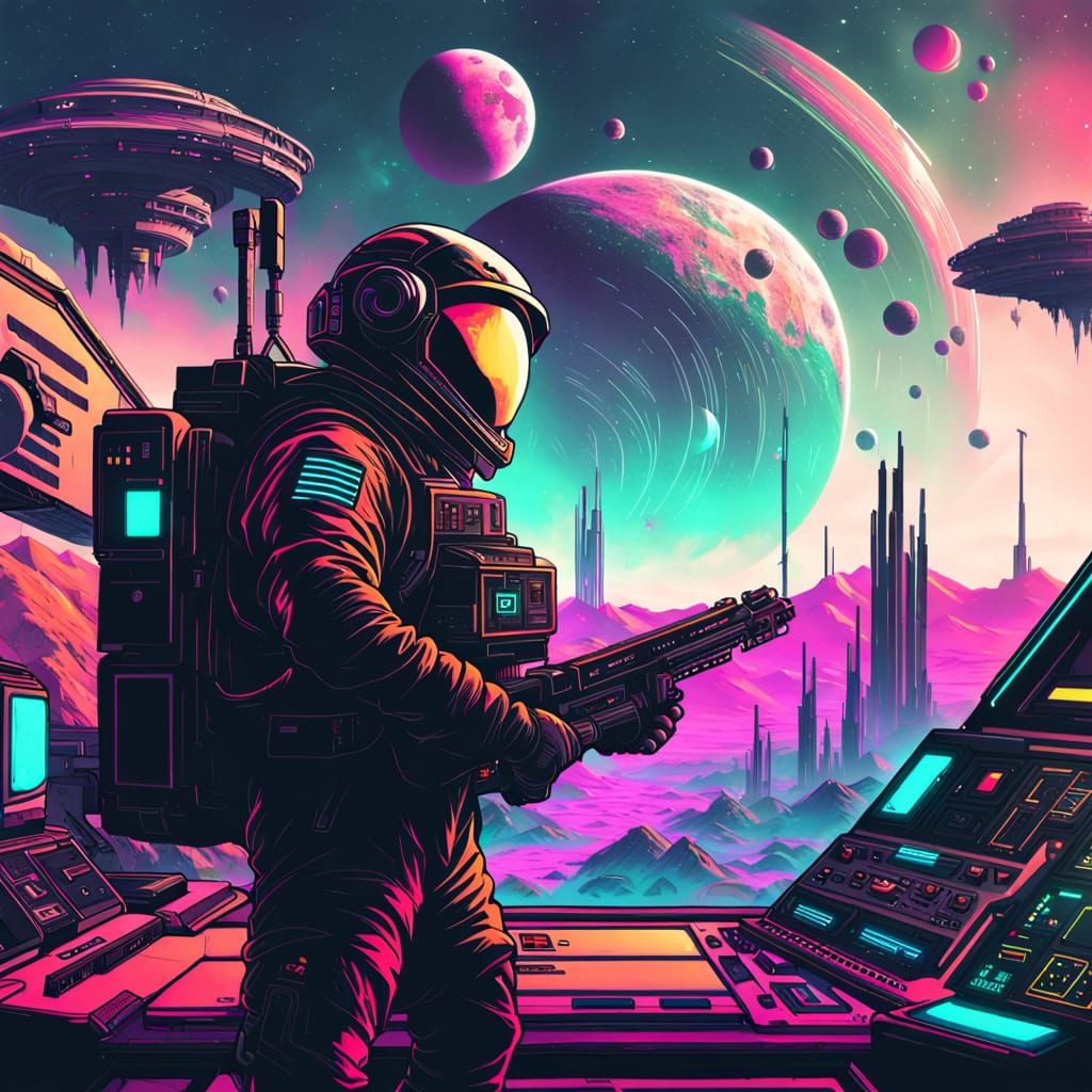 Neon-Lit Space Warrior in Synthwave Aesthetic