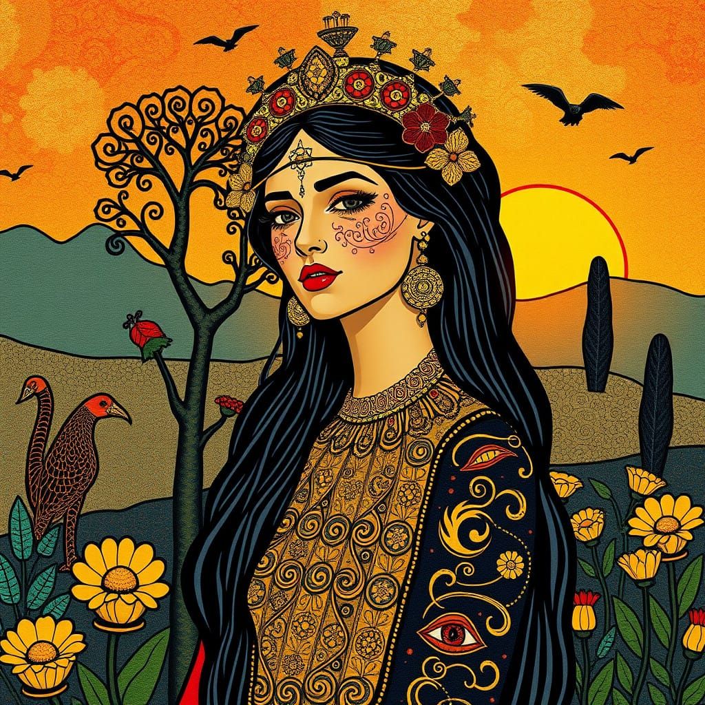 Woman in Art Nouveau Landscape with Metallic Accents