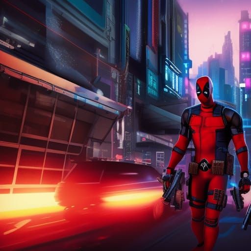 Deadpool Hacking in Cyberpunk City at Night