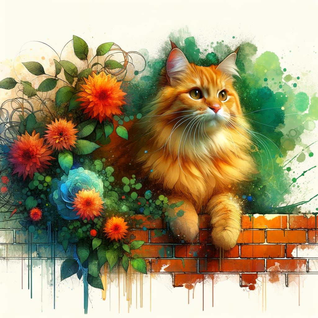 Orange Cat on Brick Wall in Wet Watercolor Style