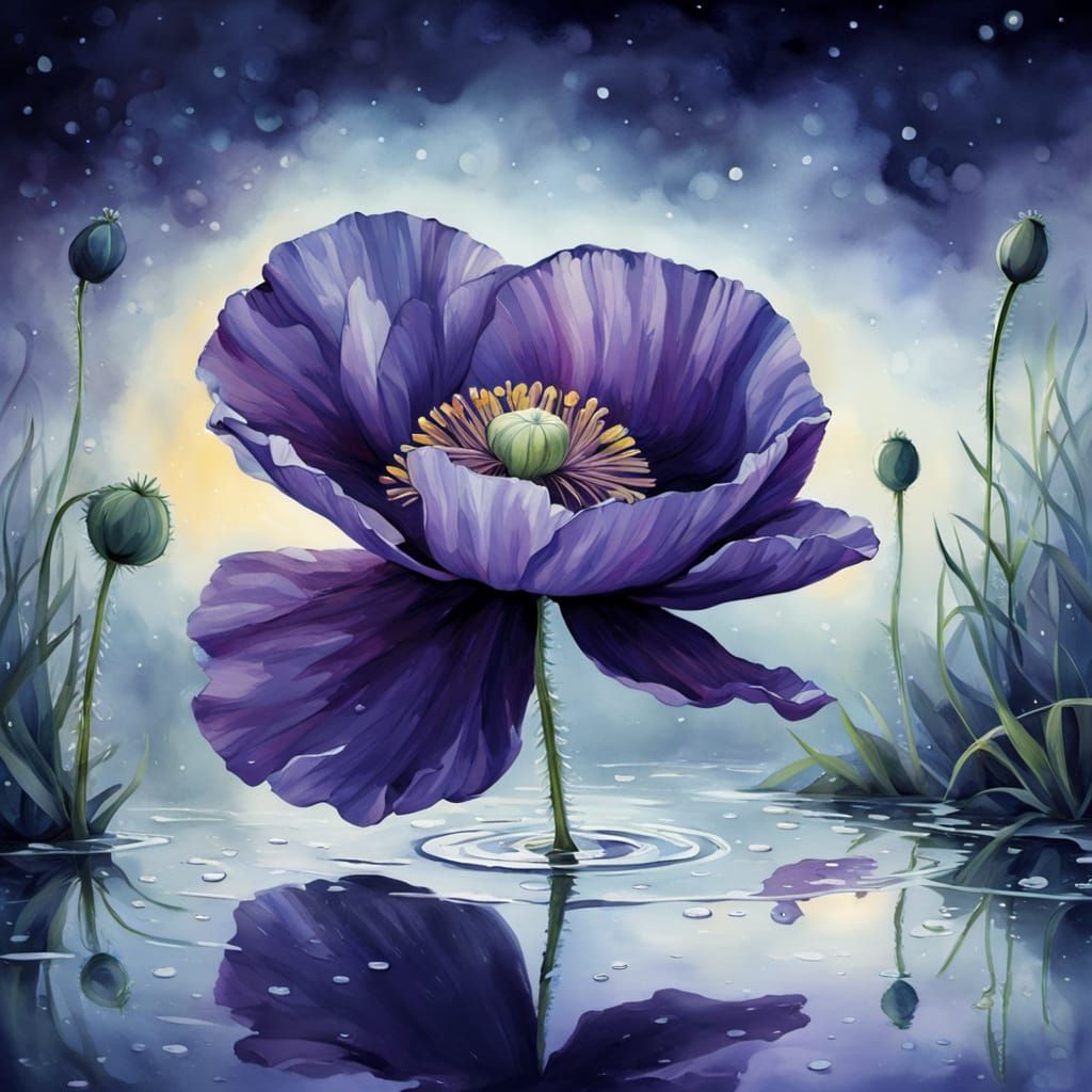 Ethereal Watercolor of a Moonlit Purple Poppy