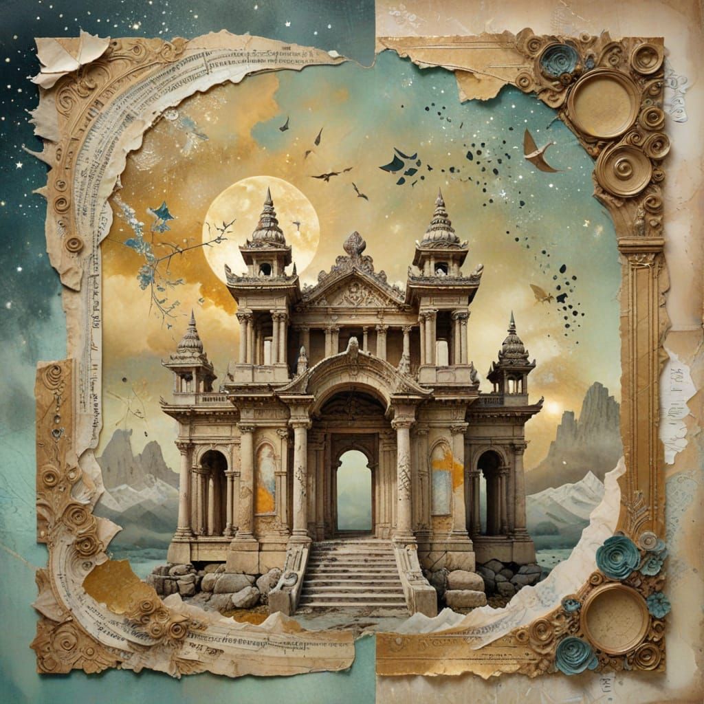 Ancient Temple Collage in Dreamy Mixed Media Style