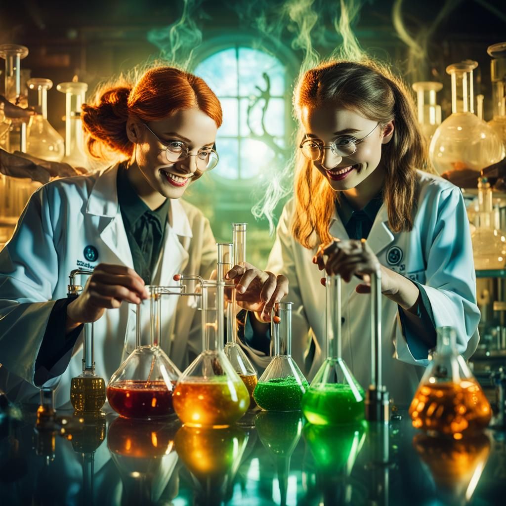 Modern Witches Brew Potions in Surreal Lab