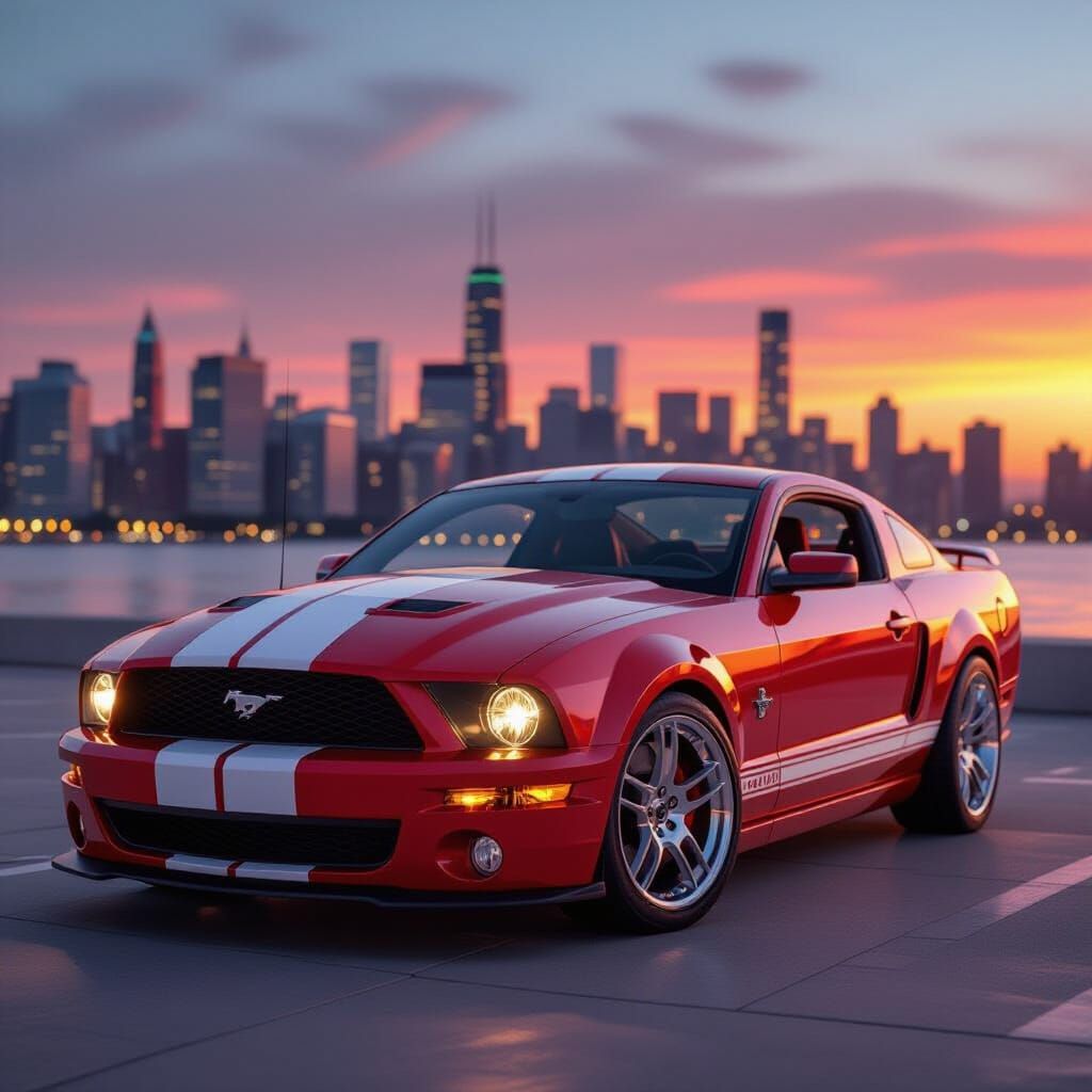 Red 2000 Ford Mustang Muscle Car Sunset Cityscape