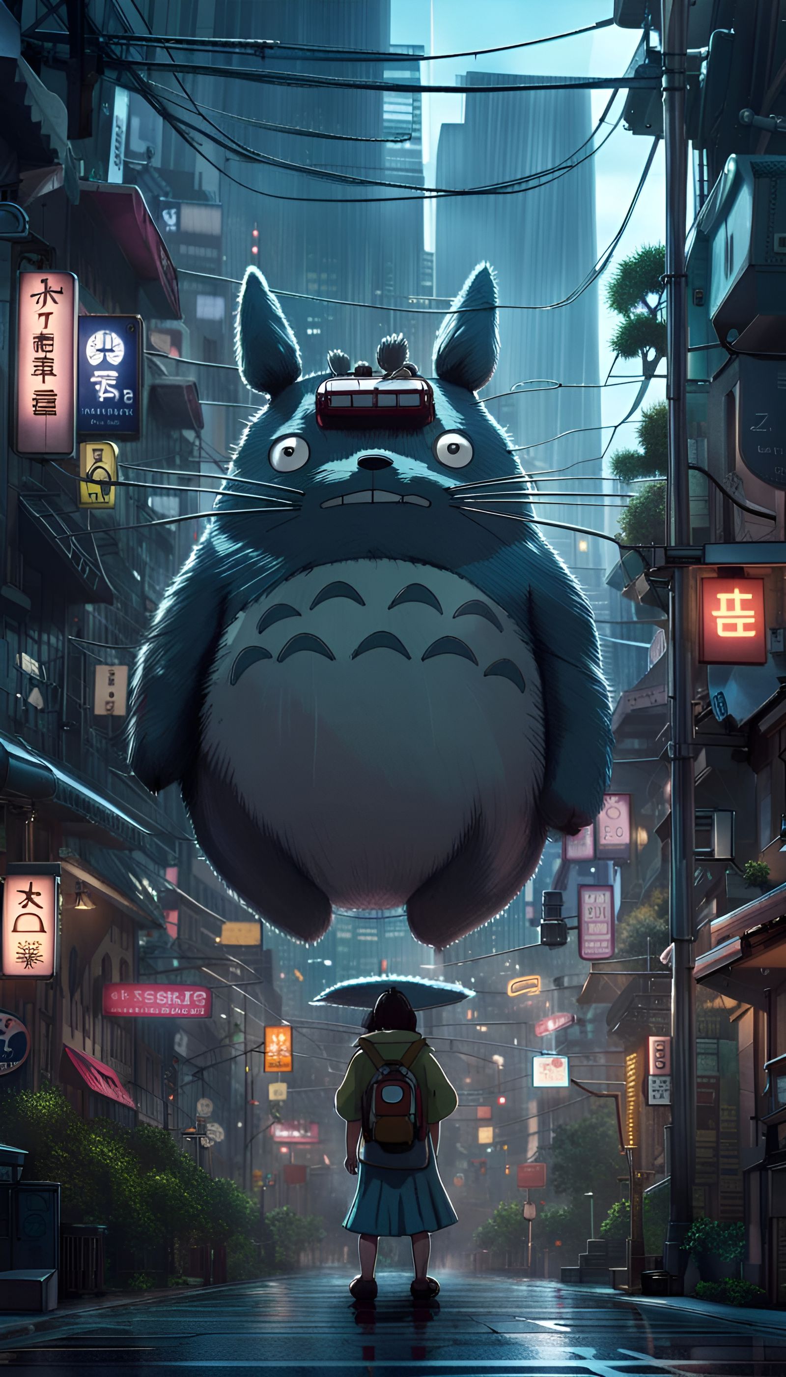Cyberpunk Totoro in Hypermodern City