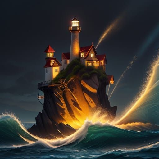 Lighthouse with Glowing Lights: Oil Painting Seascape