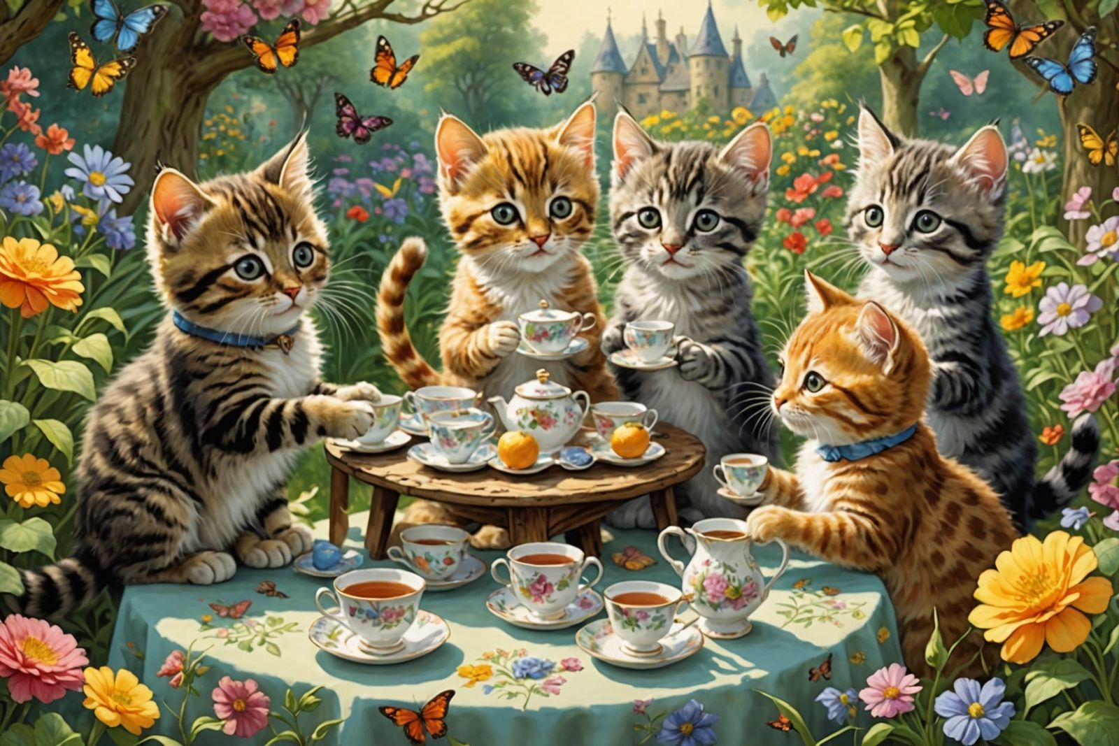 Kittens' Whimsical Tea Party in Cartoon Style