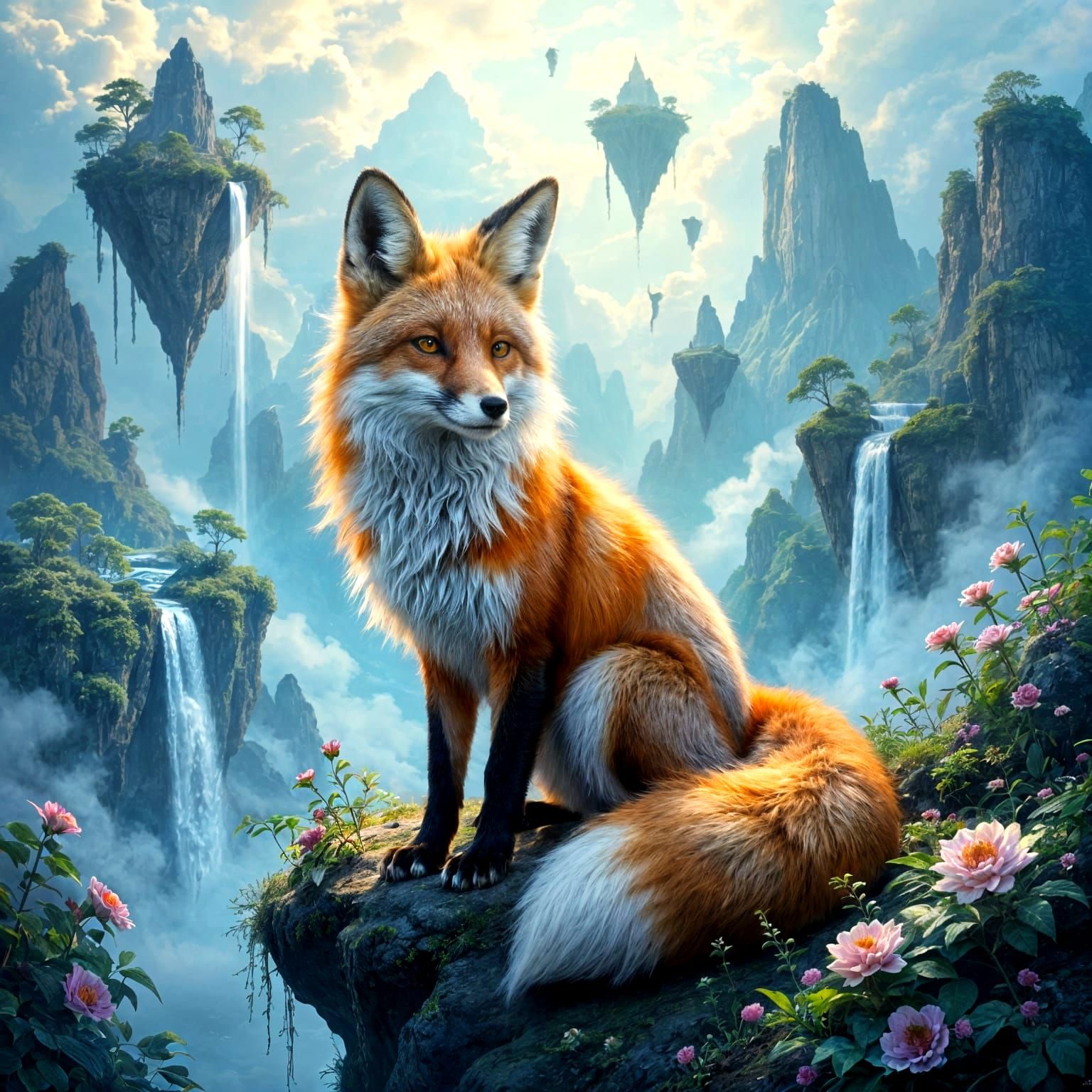 Surreal Fox in Dreamlike Iridescent Landscape