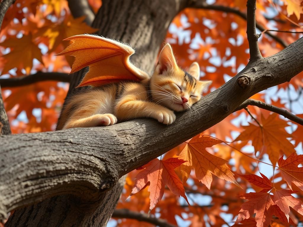 Calico Dragon Kitten Napping in Autumn Maple Tree