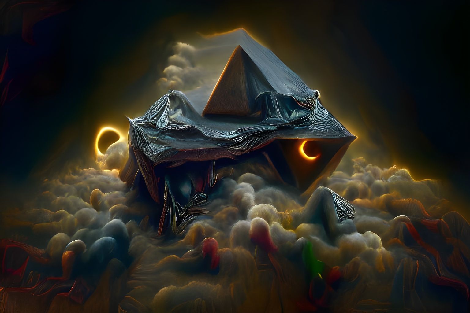 Glowing Pyramid with Lizard Eye During Eclipse