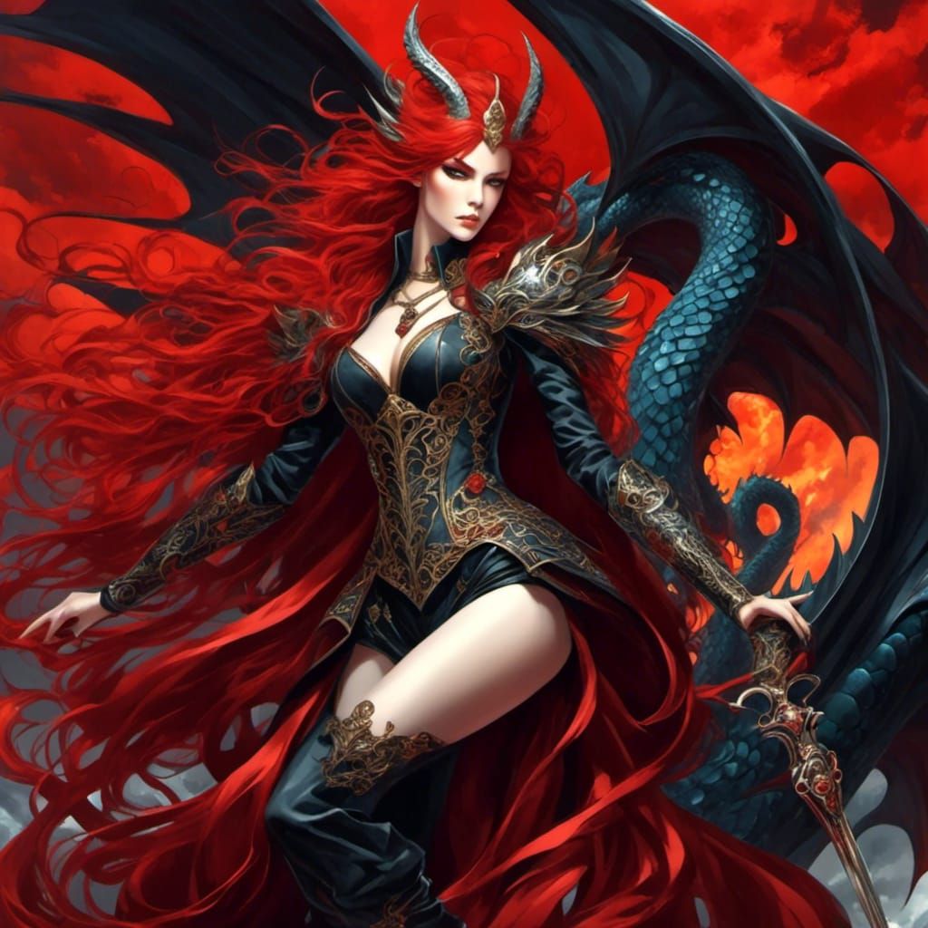 Anime Dragon Queen with Red Hair