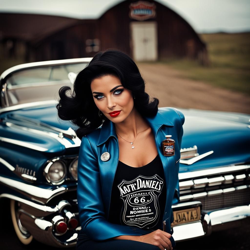 Alluring Woman on Route 66 with Classic Car