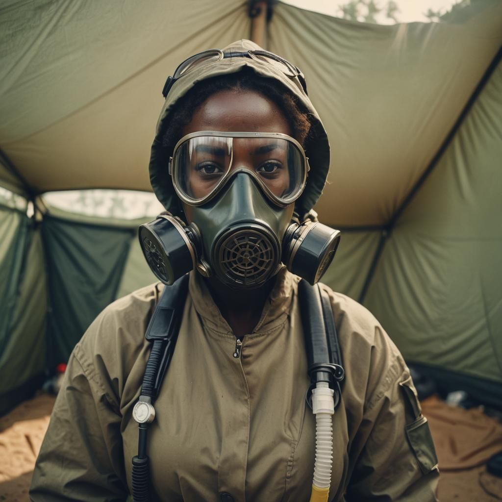 African Woman Doctor in Tent with Gas Mask