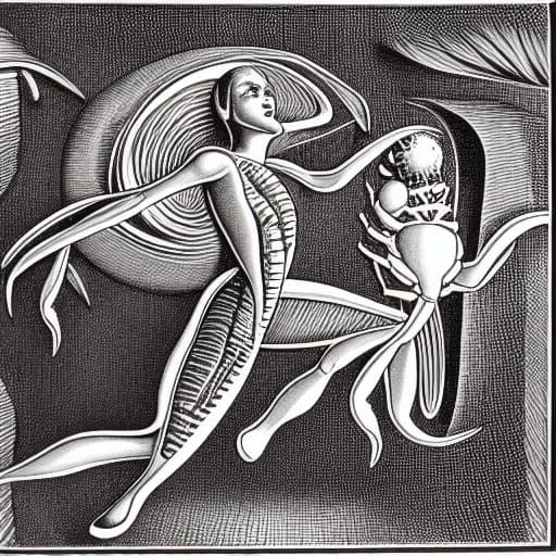 Cyborg Wasp Woman Dancing: Etching Style