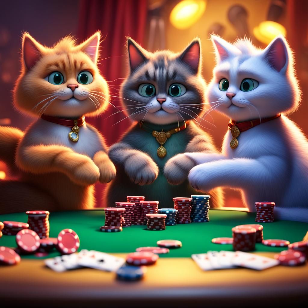 Fluffy Cats Playing Poker in 3D Digital Art
