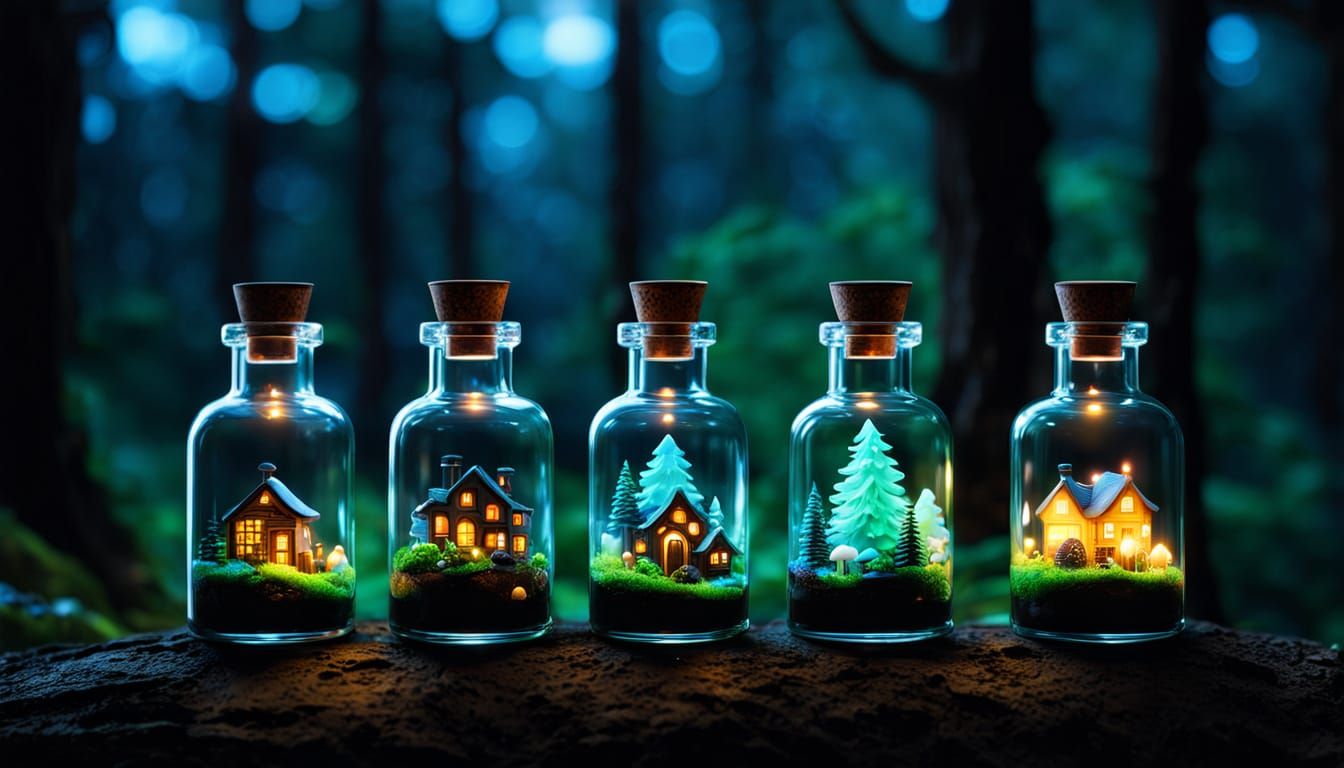 Glowing Potion Bottles with Magic Landscapes