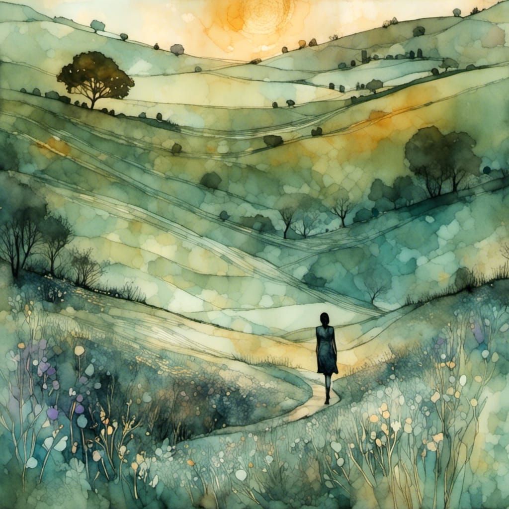 Woman in Liquid Ink Watercolor Sunset Illustration