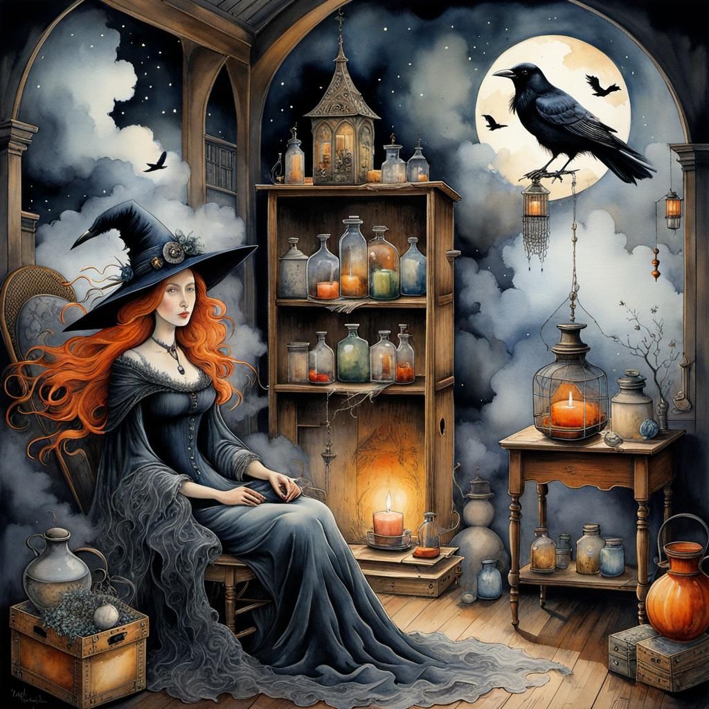 Watercolor Witch and Crow in Mystic Attic