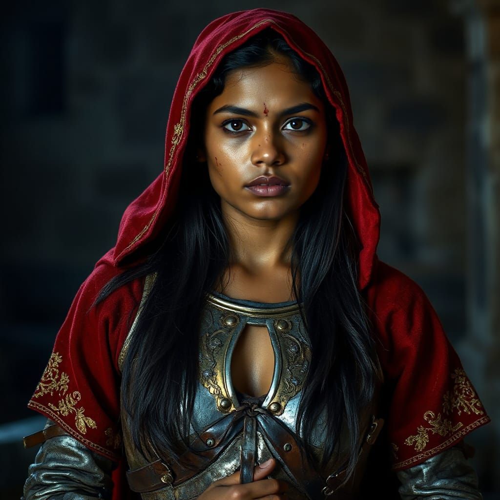 Telugu Warrior Woman in Crimson Cloak and Armor