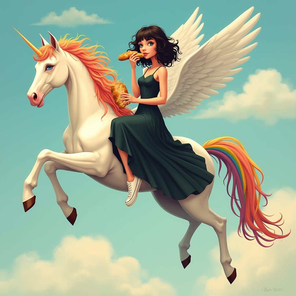 Woman Rides Pegasus with Rainbow Mane