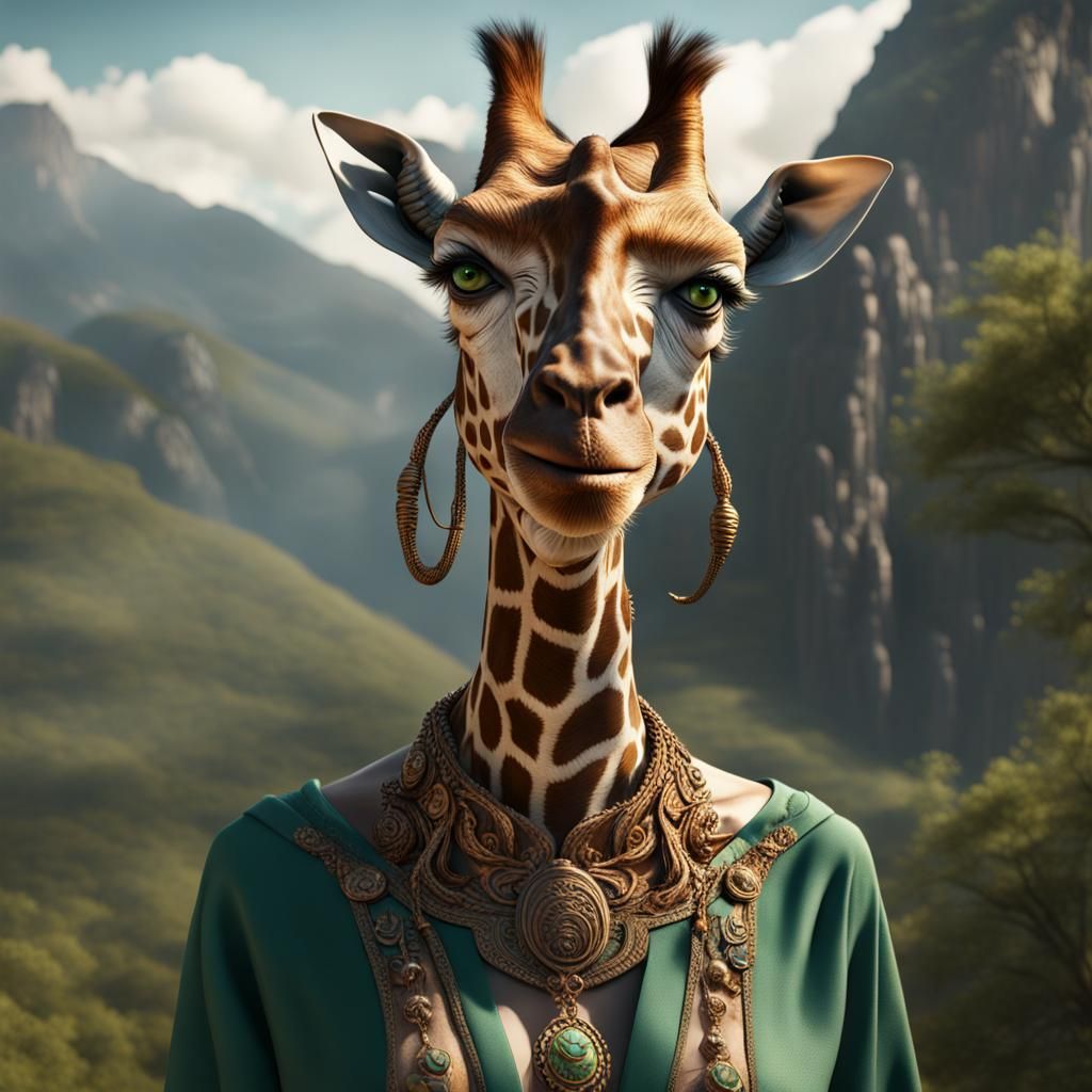 Giraffe Monkey Woman Portrait in Fantasy Art Style