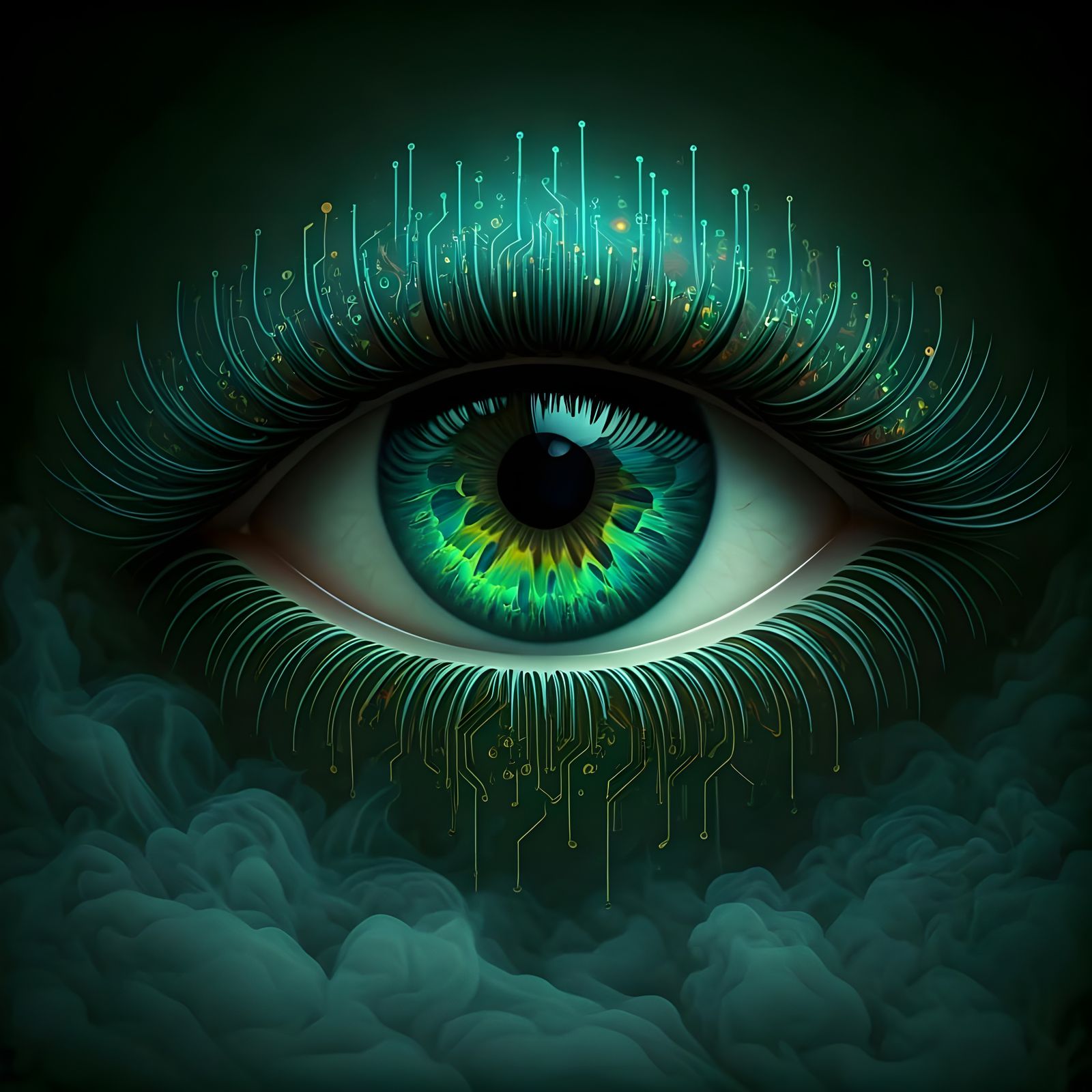 Cyberpunk Eye in a Sea of Green