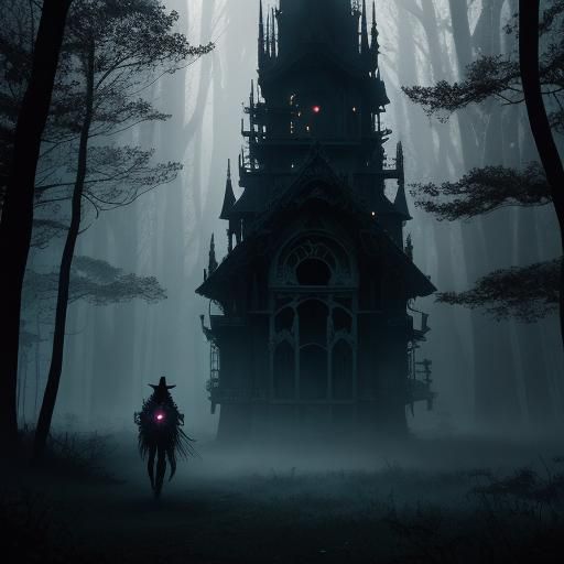 Ghostly Silhouette Vanishing in Gothic Forest Starscape