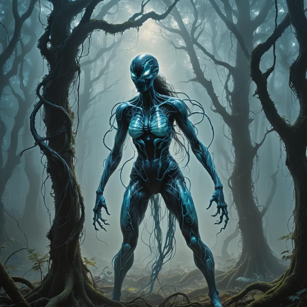 Bioluminescent Female Symbiote in Ethereal Forest