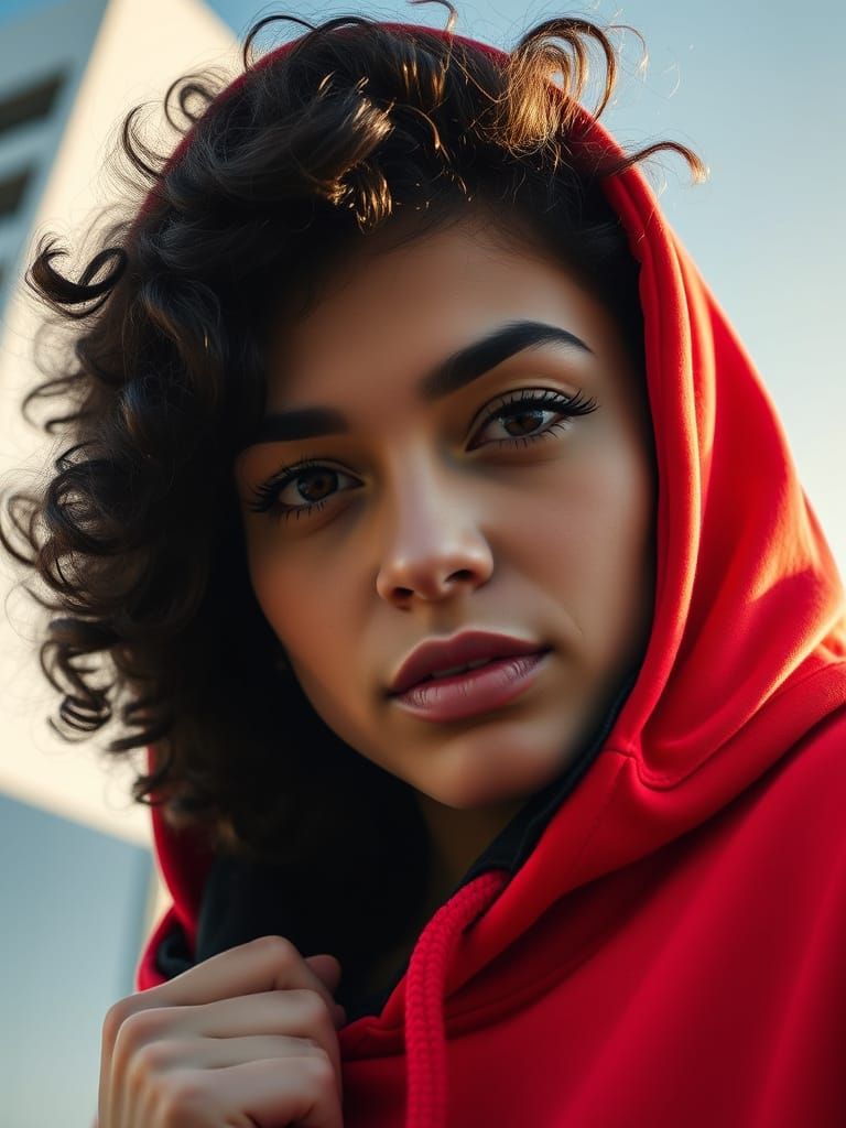Photorealistic Portrait of Woman in Red Hoodie