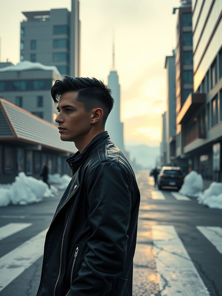 Cyborg Waits in Futuristic Greenland Landscape