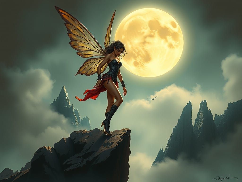 Moonlit Fairy on a Cliff: Elegant Strength in Dramatic Light...
