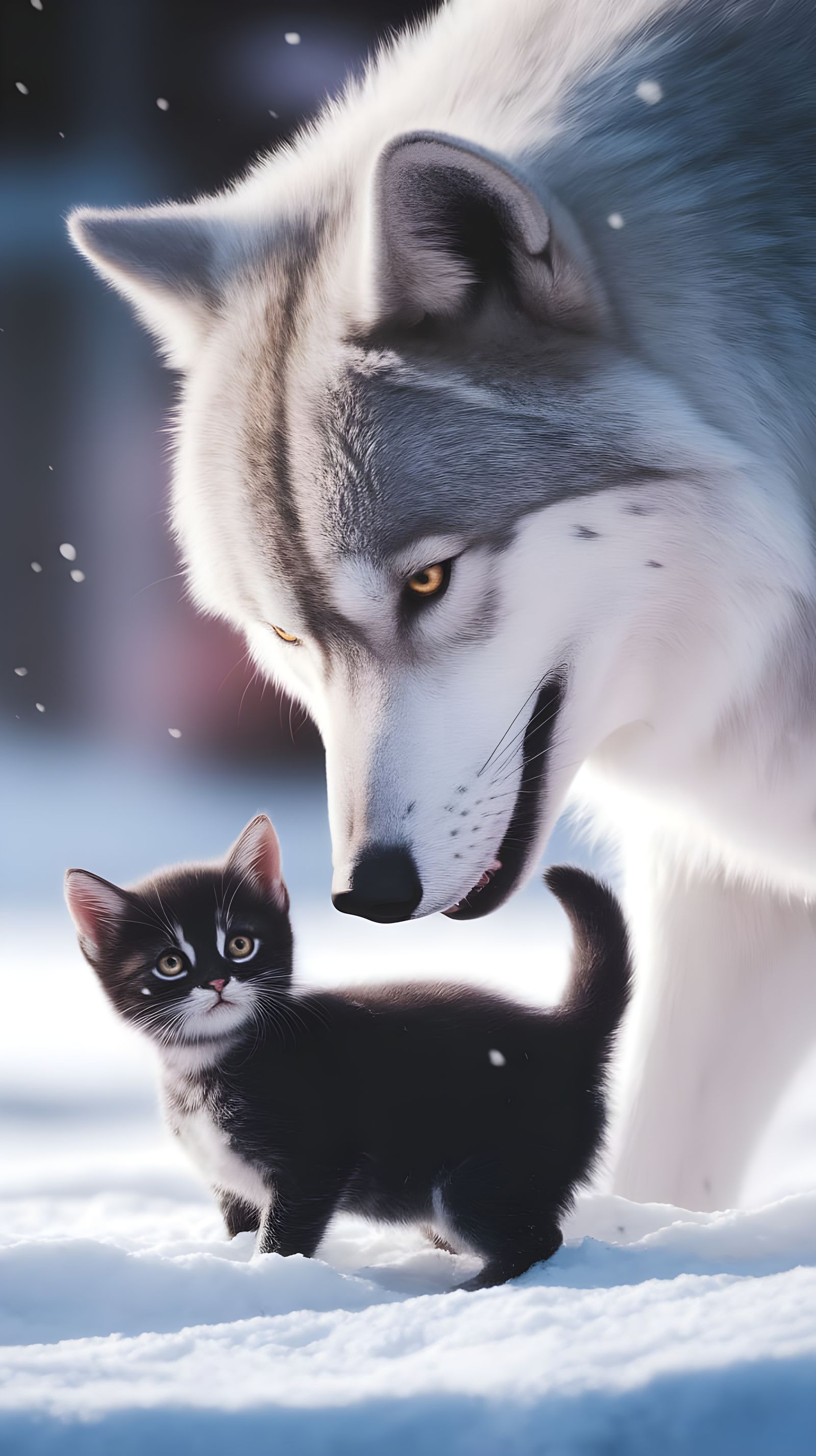 Wolf Protects Kitten in Winter Wonderland
