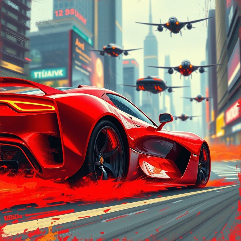 Retro-Futuristic Sports Car Dominates Futuristic Cityscape