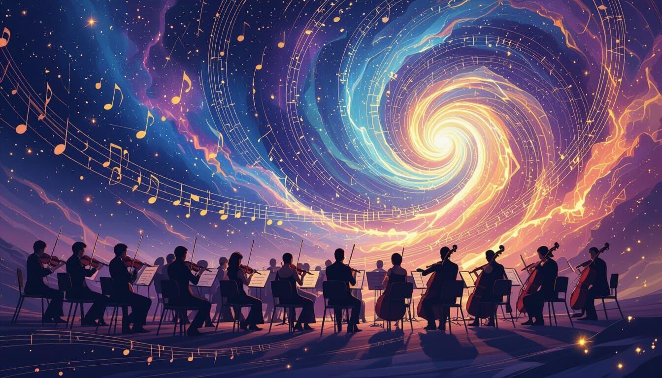 Vibrant Orchestra in Cosmic Nebula, Digital Art