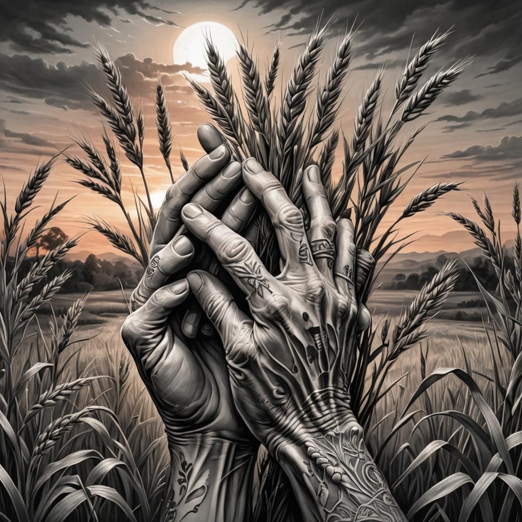 Elderly Hands Clutching Rye: Detailed Pencil Sketch