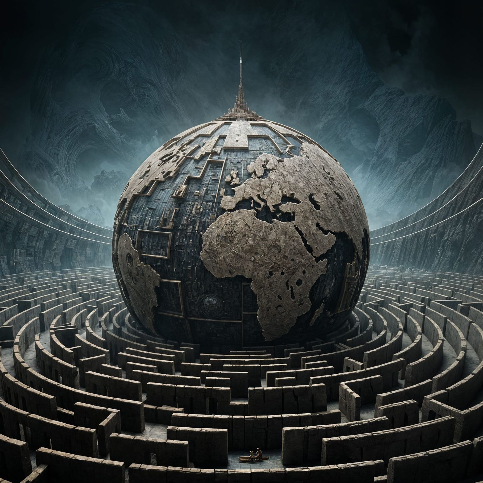 Intricate Maze Globe Masterpiece in Ominous Style